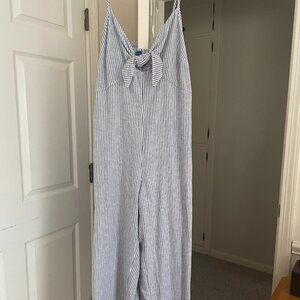 Stripe Chambray Knotted Tie-Front Wide-leg Jumpsuit Size Small